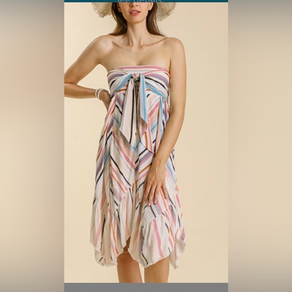 Umgee Striped Handkerchief-Hem Strapless Dress - Picture 1 of 6